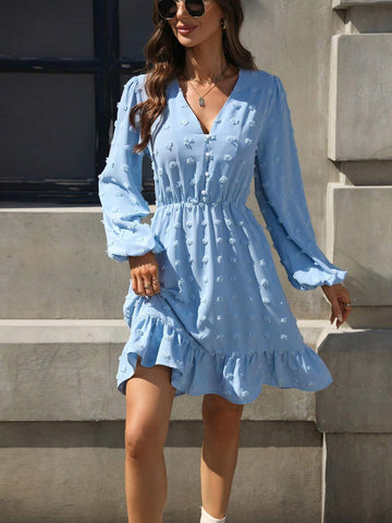Mobula Sound V-Neck Ruffle Hem Long Sleeve A-Line Casual Dress For Women, Versatile And Stylish