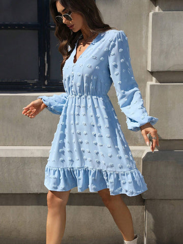 Mobula Sound V-Neck Ruffle Hem Long Sleeve A-Line Casual Dress For Women, Versatile And Stylish