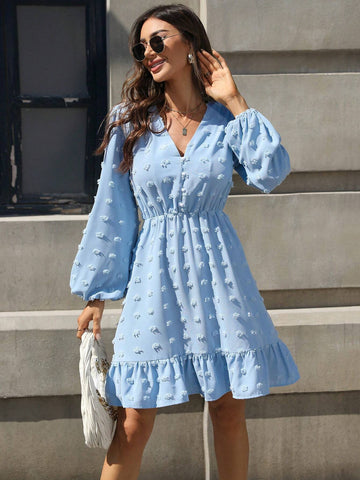 Mobula Sound V-Neck Ruffle Hem Long Sleeve A-Line Casual Dress For Women, Versatile And Stylish