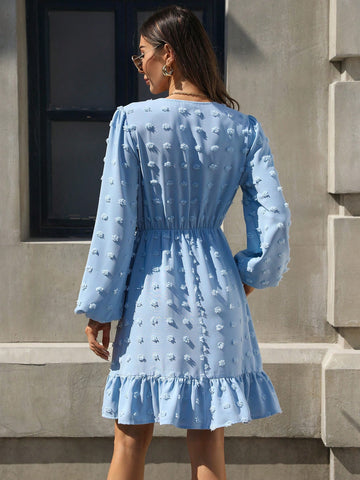 Mobula Sound V-Neck Ruffle Hem Long Sleeve A-Line Casual Dress For Women, Versatile And Stylish