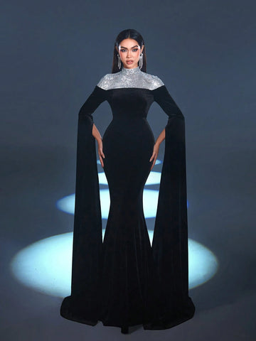 Mock Neck Extra-Long Sleeves Velvet Formal Dress