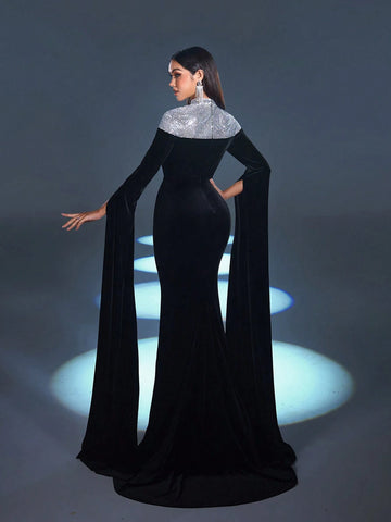 Mock Neck Extra-Long Sleeves Velvet Formal Dress