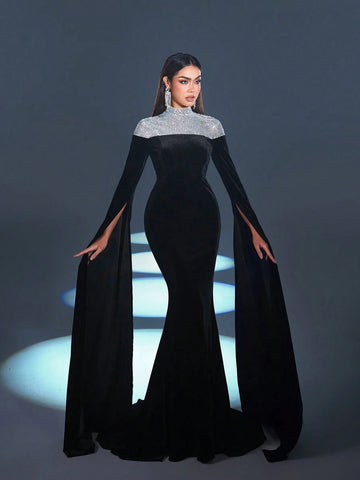 Mock Neck Extra-Long Sleeves Velvet Formal Dress