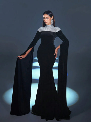 Mock Neck Extra-Long Sleeves Velvet Formal Dress