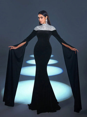 Mock Neck Extra-Long Sleeves Velvet Formal Dress