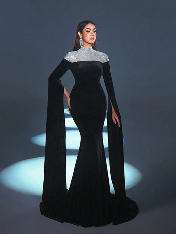 Mock Neck Extra-Long Sleeves Velvet Formal Dress