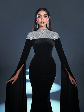 Mock Neck Extra-Long Sleeves Velvet Formal Dress