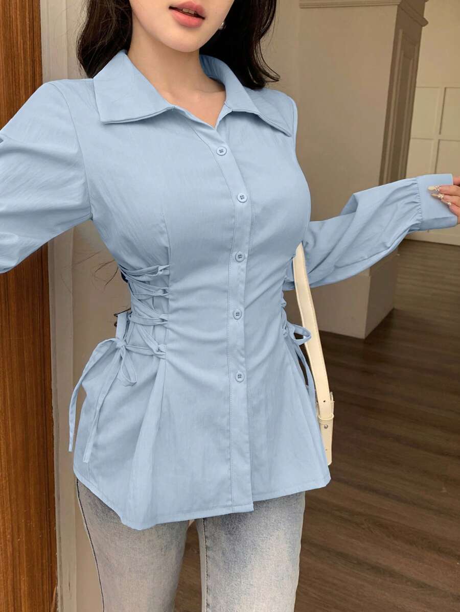 Modelyn Casual Cross Strap Waist Slim Fit Plain Color Blouse