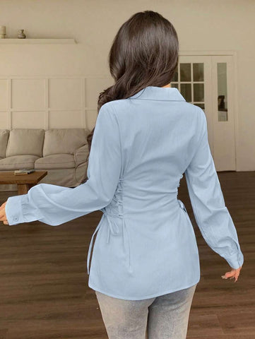 Modelyn Casual Cross Strap Waist Slim Fit Plain Color Blouse