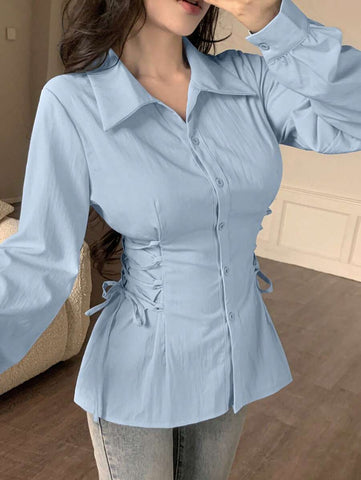 Modelyn Casual Cross Strap Waist Slim Fit Plain Color Blouse