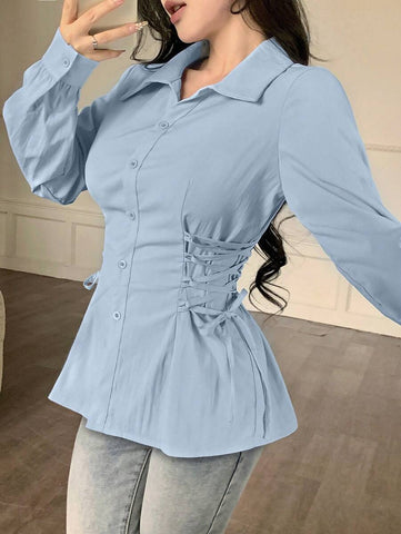 Modelyn Casual Cross Strap Waist Slim Fit Plain Color Blouse