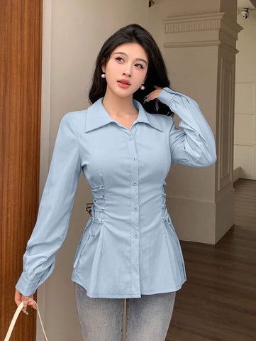 Modelyn Casual Cross Strap Waist Slim Fit Plain Color Blouse