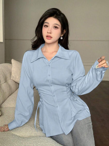 Modelyn Casual Cross Strap Waist Slim Fit Plain Color Blouse