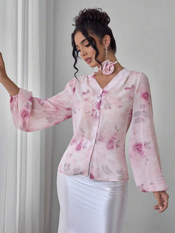 Modelyn Romantic Pink Floral Print Chiffon Long Sleeve Blouse For Women