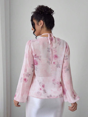 Modelyn Romantic Pink Floral Print Chiffon Long Sleeve Blouse For Women