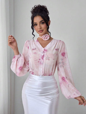 Modelyn Romantic Pink Floral Print Chiffon Long Sleeve Blouse For Women