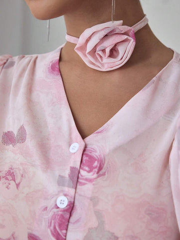 Modelyn Romantic Pink Floral Print Chiffon Long Sleeve Blouse For Women