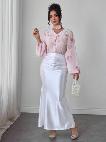 Modelyn Romantic Pink Floral Print Chiffon Long Sleeve Blouse For Women