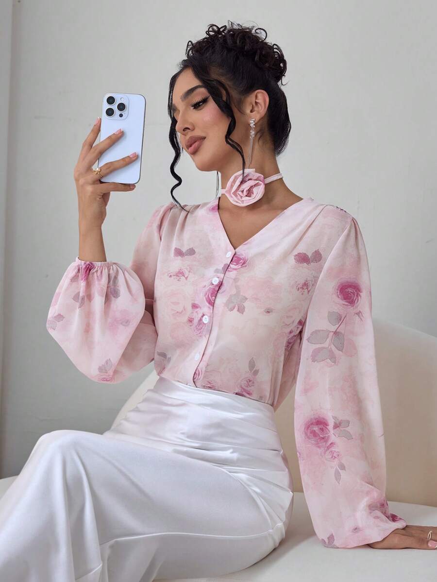 Modelyn Romantic Pink Floral Print Chiffon Long Sleeve Blouse For Women