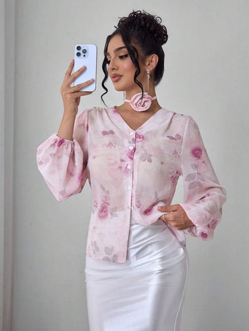 Modelyn Romantic Pink Floral Print Chiffon Long Sleeve Blouse For Women