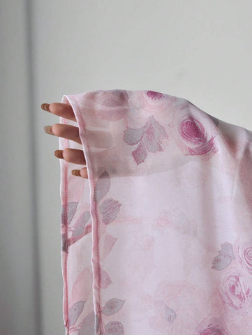 Modelyn Romantic Pink Floral Print Chiffon Long Sleeve Blouse For Women