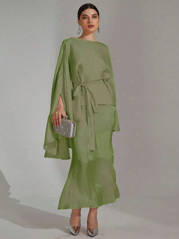 Modest Cape Tops & Mermaid Skirt Women Luxury Shiny Matching Sets For Party