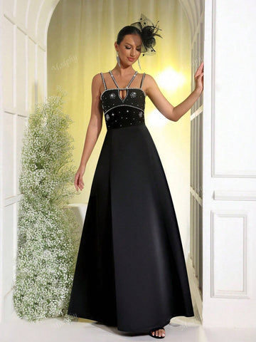Modphy 2024 Autumn New Arrival Women's Black Sexy Handmade Rhinestone Design Hollow Spaghetti Strap Long Formal Wedding Party Gown Dress