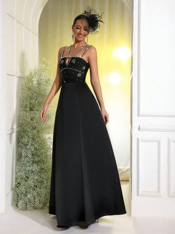 Modphy 2024 Autumn New Arrival Women's Black Sexy Handmade Rhinestone Design Hollow Spaghetti Strap Long Formal Wedding Party Gown Dress