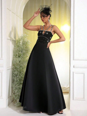 Modphy 2024 Autumn New Arrival Women's Black Sexy Handmade Rhinestone Design Hollow Spaghetti Strap Long Formal Wedding Party Gown Dress