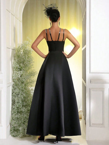 Modphy 2024 Autumn New Arrival Women's Black Sexy Handmade Rhinestone Design Hollow Spaghetti Strap Long Formal Wedding Party Gown Dress