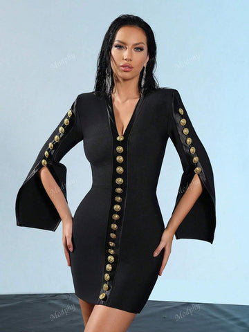 Modphy 2024 Autumn New Black Long Sleeved V-Neck Single Breasted Tight Bandage Mini Dress Women's Banquet Party Clothing