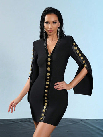 Modphy 2024 Autumn New Black Long Sleeved V-Neck Single Breasted Tight Bandage Mini Dress Women's Banquet Party Clothing