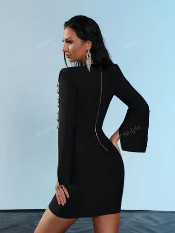 Modphy 2024 Autumn New Black Long Sleeved V-Neck Single Breasted Tight Bandage Mini Dress Women's Banquet Party Clothing