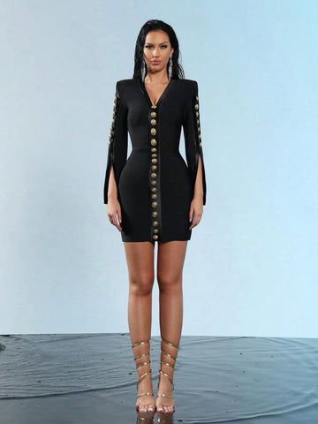 Modphy 2024 Autumn New Black Long Sleeved V-Neck Single Breasted Tight Bandage Mini Dress Women's Banquet Party Clothing