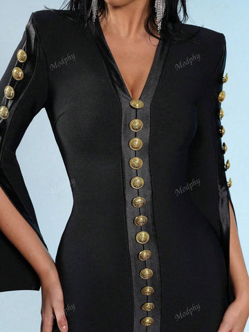 Modphy 2024 Autumn New Black Long Sleeved V-Neck Single Breasted Tight Bandage Mini Dress Women's Banquet Party Clothing