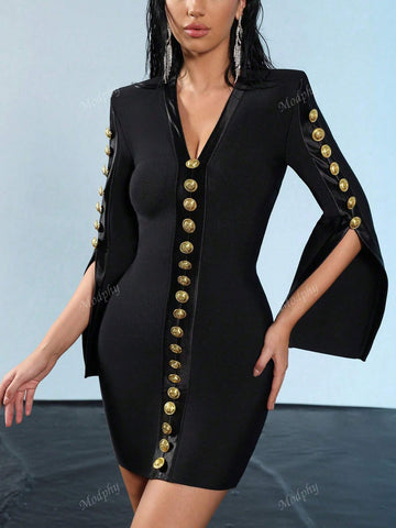 Modphy 2024 Autumn New Black Long Sleeved V-Neck Single Breasted Tight Bandage Mini Dress Women's Banquet Party Clothing