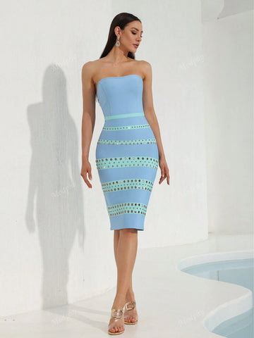 Modphy 2024 Autumn New Fashion Women's Rhinestone Embellished Strapless Bodycon Midi Club Dress,Wedding Event Dress