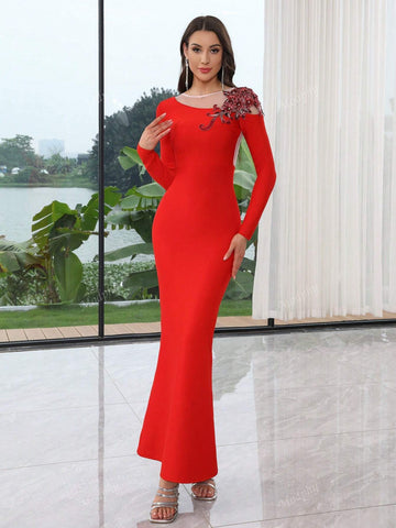Modphy 2024 Autumn New Red Embroidered Flower Mesh Patchwork Tight Long Bandage Dress Women's Long Sleeve Evening Party Gowns