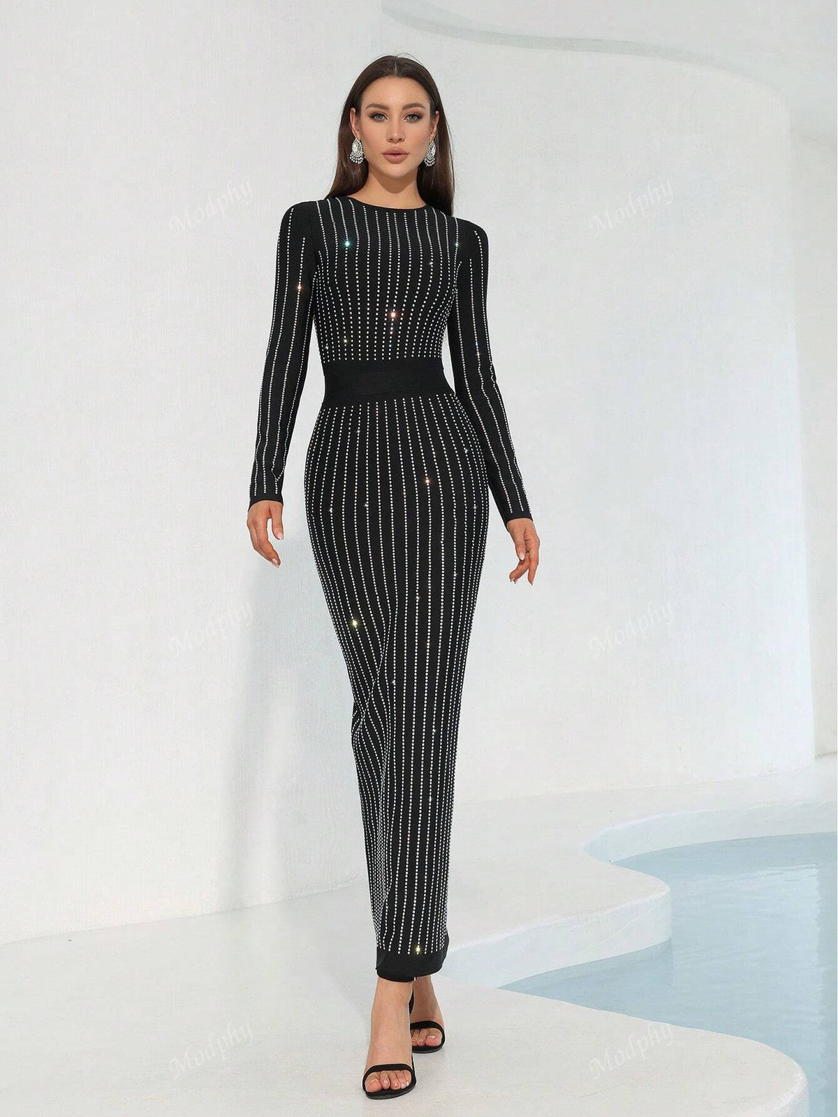 Modphy 2024 Fall/Winter Black Long Sleeve Sparkling Rhinestone Round Neck Sexy Bodycon Maxi Bandage Dress, Women's Formal Evening Gown