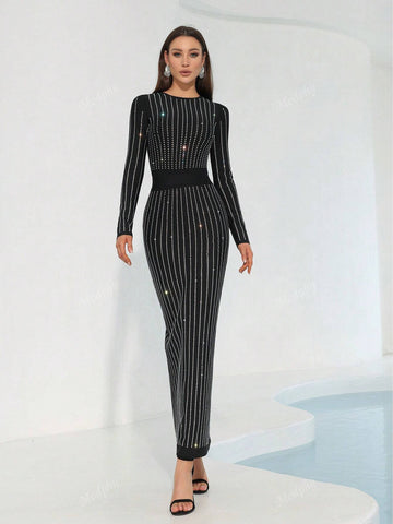 Modphy 2024 Fall/Winter Black Long Sleeve Sparkling Rhinestone Round Neck Sexy Bodycon Maxi Bandage Dress, Women's Formal Evening Gown