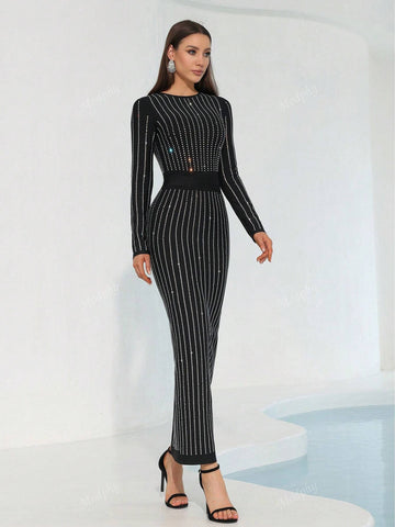 Modphy 2024 Fall/Winter Black Long Sleeve Sparkling Rhinestone Round Neck Sexy Bodycon Maxi Bandage Dress, Women's Formal Evening Gown