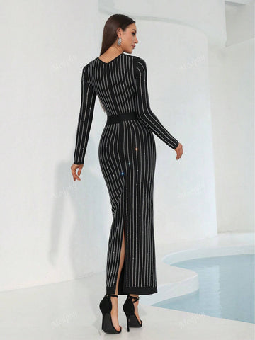 Modphy 2024 Fall/Winter Black Long Sleeve Sparkling Rhinestone Round Neck Sexy Bodycon Maxi Bandage Dress, Women's Formal Evening Gown