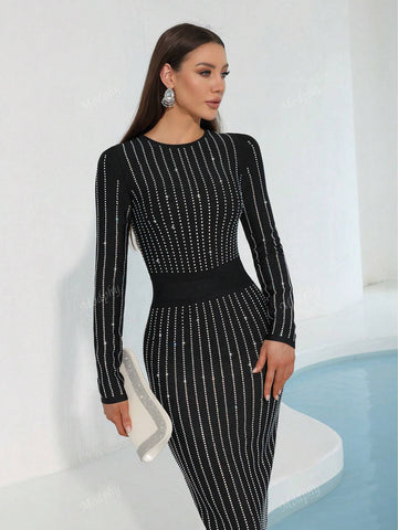 Modphy 2024 Fall/Winter Black Long Sleeve Sparkling Rhinestone Round Neck Sexy Bodycon Maxi Bandage Dress, Women's Formal Evening Gown