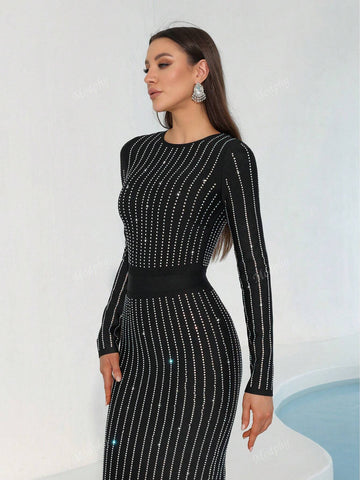 Modphy 2024 Fall/Winter Black Long Sleeve Sparkling Rhinestone Round Neck Sexy Bodycon Maxi Bandage Dress, Women's Formal Evening Gown