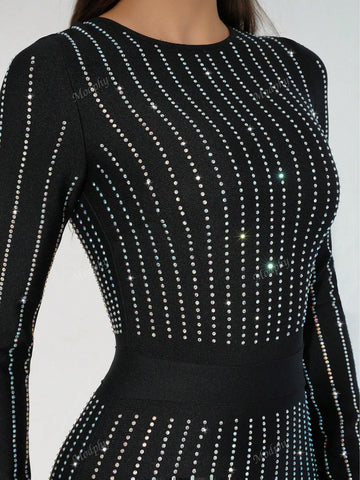 Modphy 2024 Fall/Winter Black Long Sleeve Sparkling Rhinestone Round Neck Sexy Bodycon Maxi Bandage Dress, Women's Formal Evening Gown