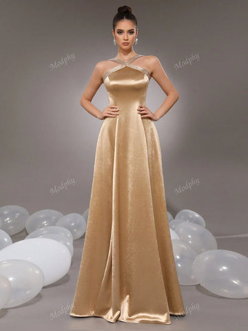 Modphy 2024 Fashion Sexy Glittery Rhinestone Criss-Cross Shoulder Straps Golden Elegant Ladies Bridesmaid Formal Evening Maxi Dress