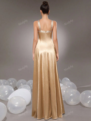 Modphy 2024 Fashion Sexy Glittery Rhinestone Criss-Cross Shoulder Straps Golden Elegant Ladies Bridesmaid Formal Evening Maxi Dress