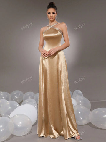 Modphy 2024 Fashion Sexy Glittery Rhinestone Criss-Cross Shoulder Straps Golden Elegant Ladies Bridesmaid Formal Evening Maxi Dress