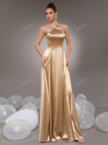 Modphy 2024 Fashion Sexy Glittery Rhinestone Criss-Cross Shoulder Straps Golden Elegant Ladies Bridesmaid Formal Evening Maxi Dress