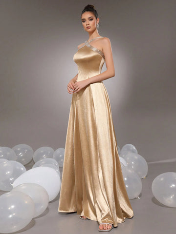 Modphy 2024 Fashion Sexy Glittery Rhinestone Criss-Cross Shoulder Straps Golden Elegant Ladies Bridesmaid Formal Evening Maxi Dress